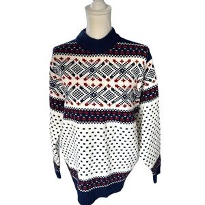 VTG 70s Lord Jeff fair isle sweater navy blue white snowflake acrylic men large